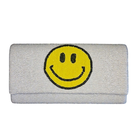 Handbags - White Beaded Smiley Face Emoji Clutch/ Shoulder Bag